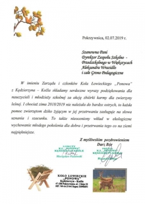 Podziękowanie Koło Łowieckie Ponowa