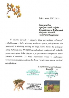 Podziękowanie Koło Łowieckie Ponowa